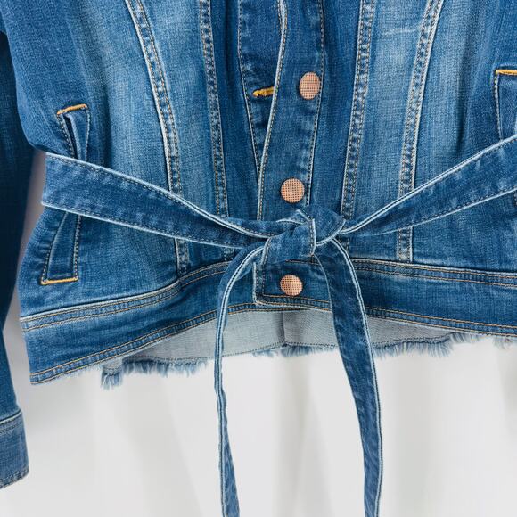 Cabi Dylan Belted Denim Jean Jacket Raw Hem Fitted Button Front Blue Size L - Picture 5 of 8